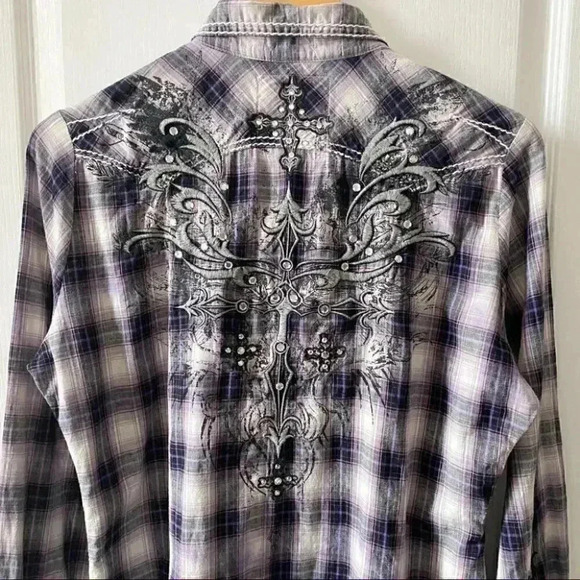 ROAR Western Button Front Shirt Joeley Purple Plaid Rhinestone Size XL - Picture 10 of 16